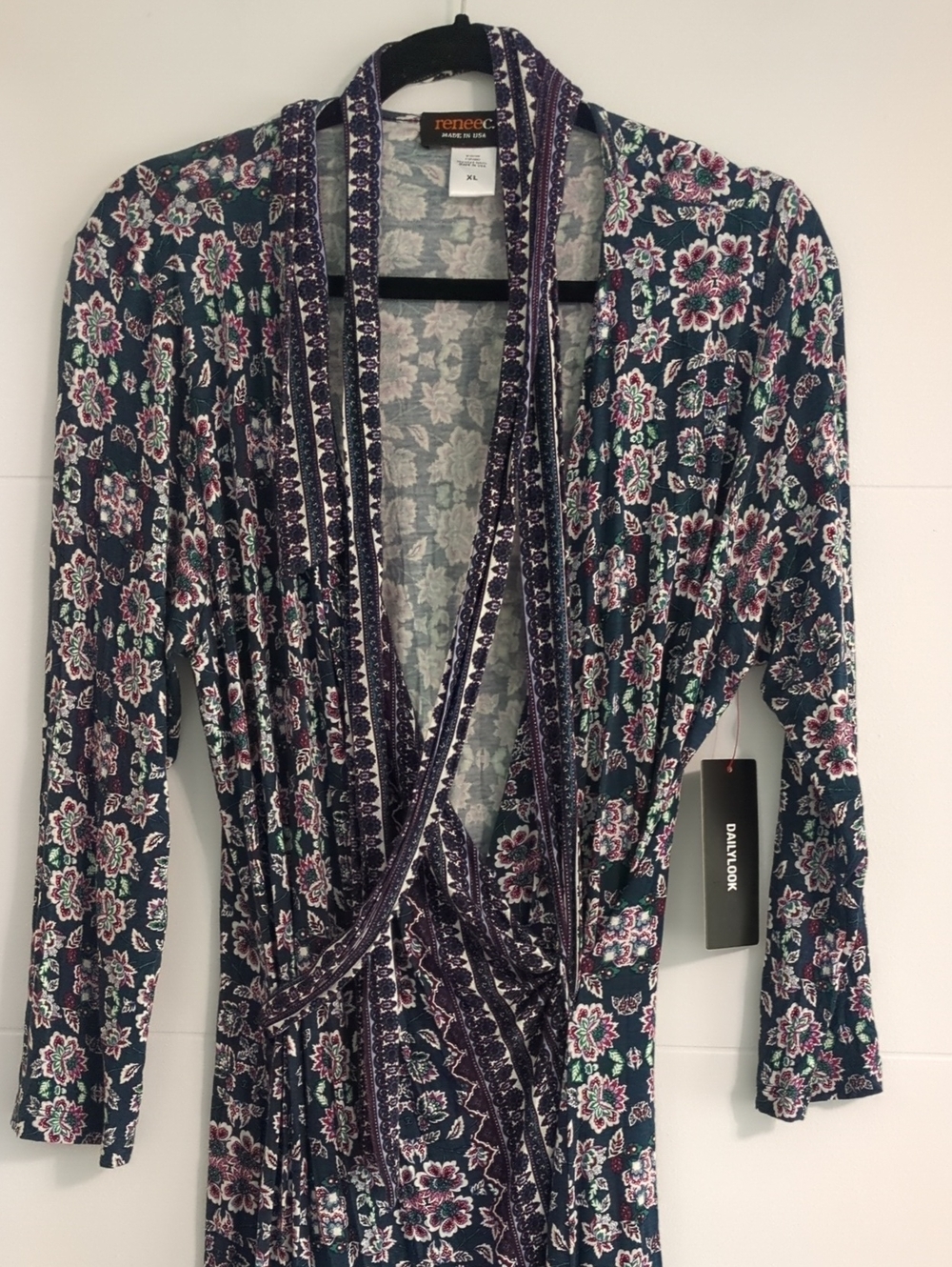Renee C. Navy Floral Wrap Midi Dress with Pink Accentssz XL Feminine - Picture 3 of 10